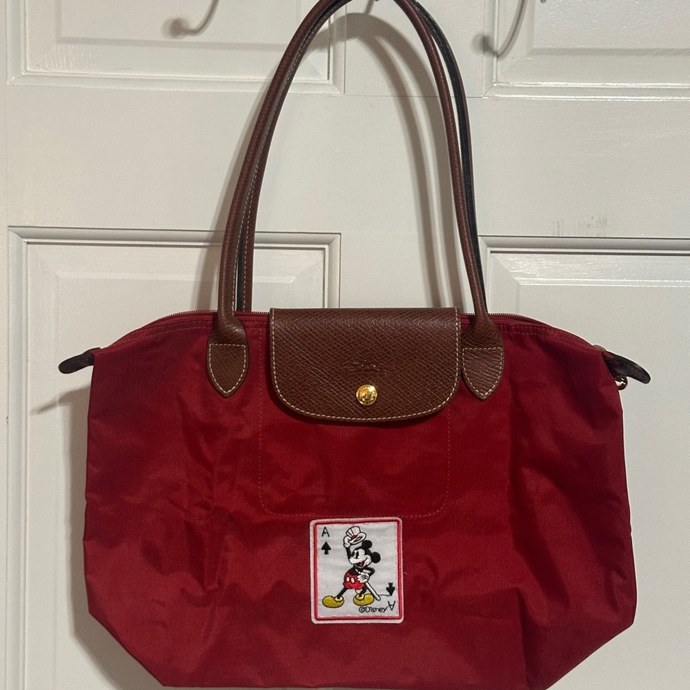 Longchamp Le Pilage Small Red Tote with Mickey Mouse Patch